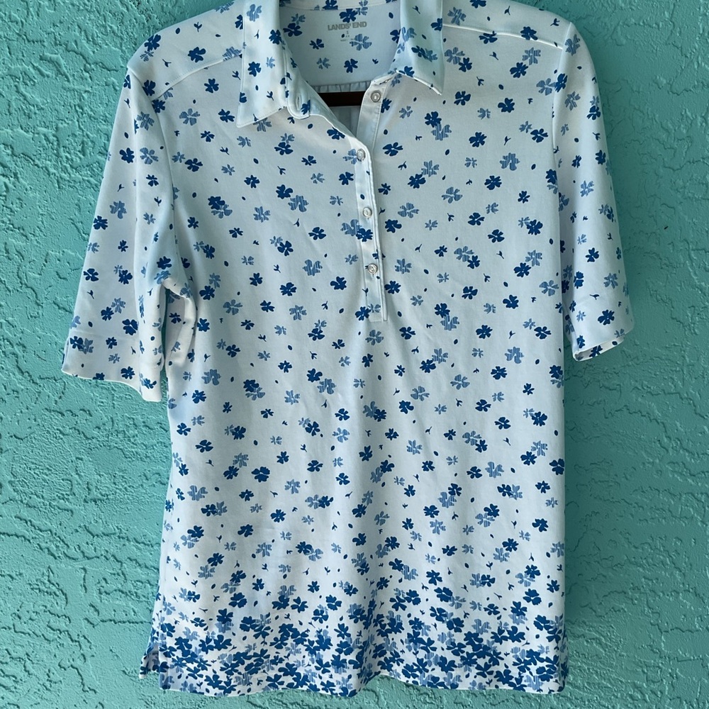 Floral Blue and White Polo Shirt by Lands End size small
